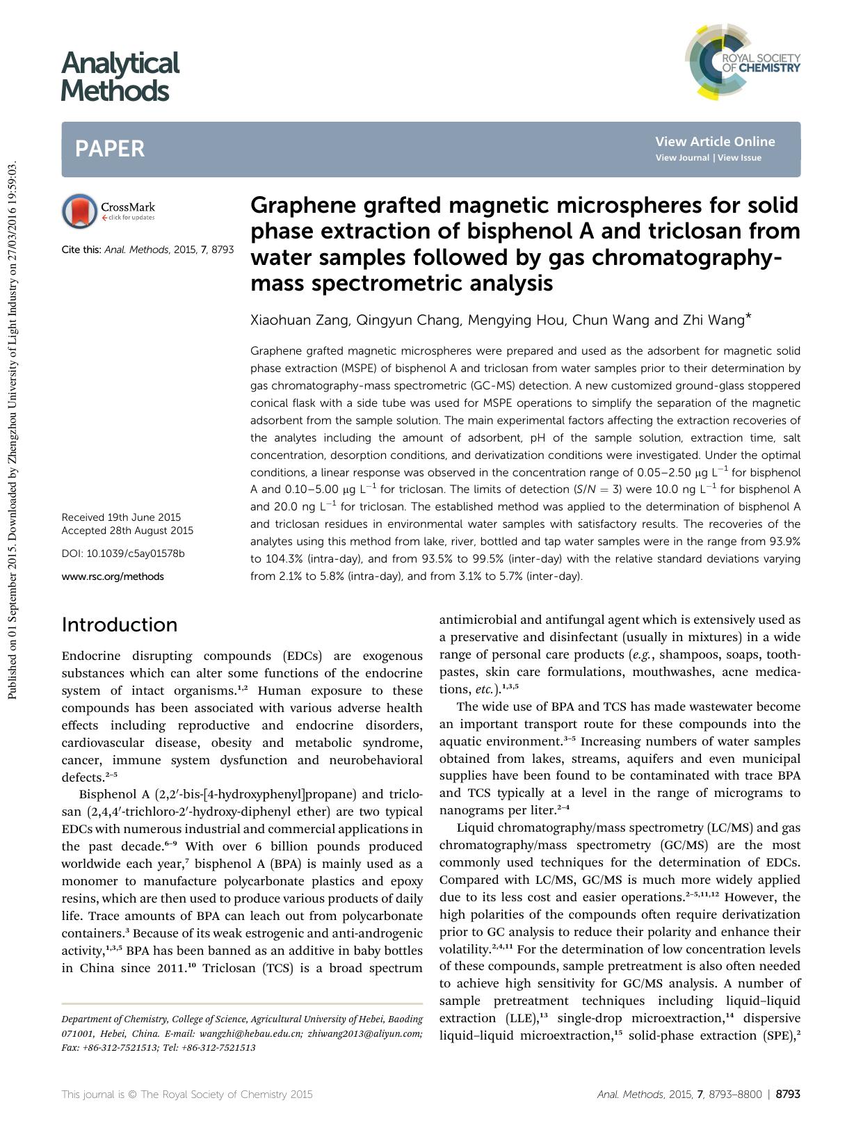 Graphene grafted magnetic microspheres for solid phase extraction of bisphenol A and triclosan from water samples followed by gas chromatography-mass spectrometric analysis by Xiaohuan Zang & Qingyun Chang & Mengying Hou & Chun Wang & Zhi Wang