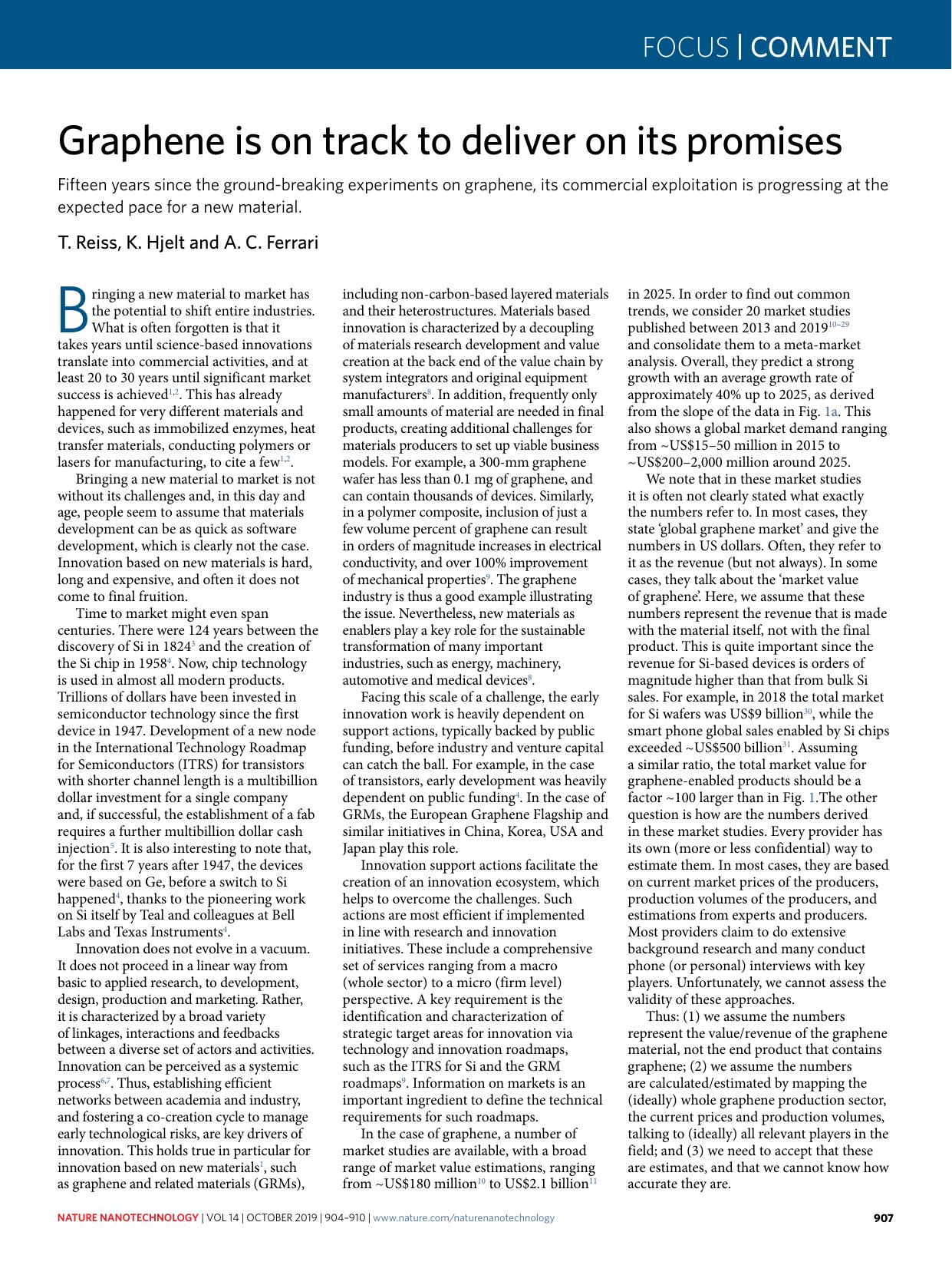 Graphene is on track to deliver on its promises by T. Reiss K. Hjelt and A. C. Ferrari