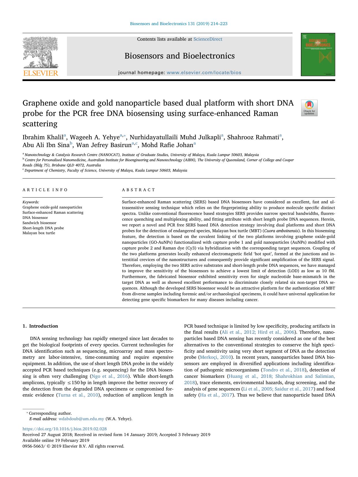 Graphene oxide and gold nanoparticle based dual platform with short DNA probe for the PCR free DNA biosensing using surface-enhanced Raman scattering by unknow