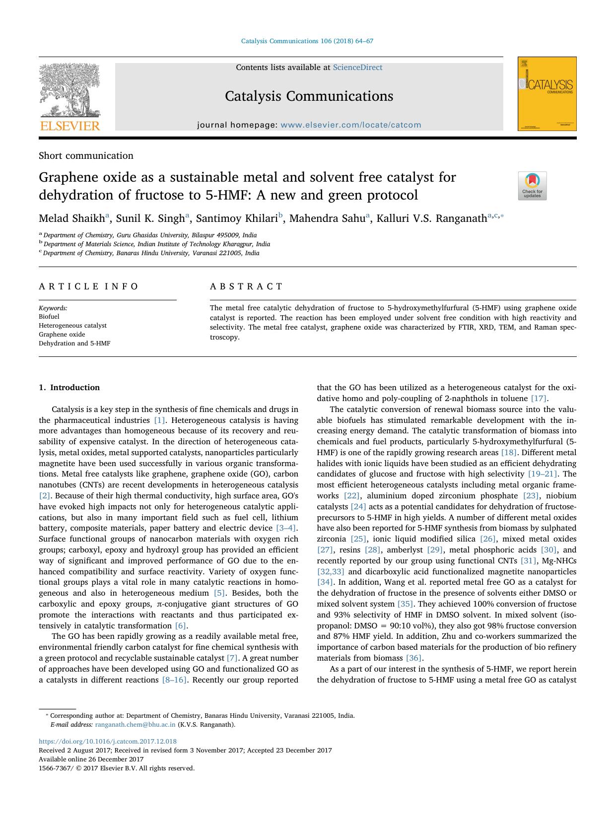 Graphene oxide as a sustainable metal and solvent free catalyst for dehydration of fructose to 5-HMF_ A new and green protocol by Melad Shaikh & Sunil K. Singh & Santimoy Khilari & Mahendra Sahu & Kalluri V.S. Ranganath