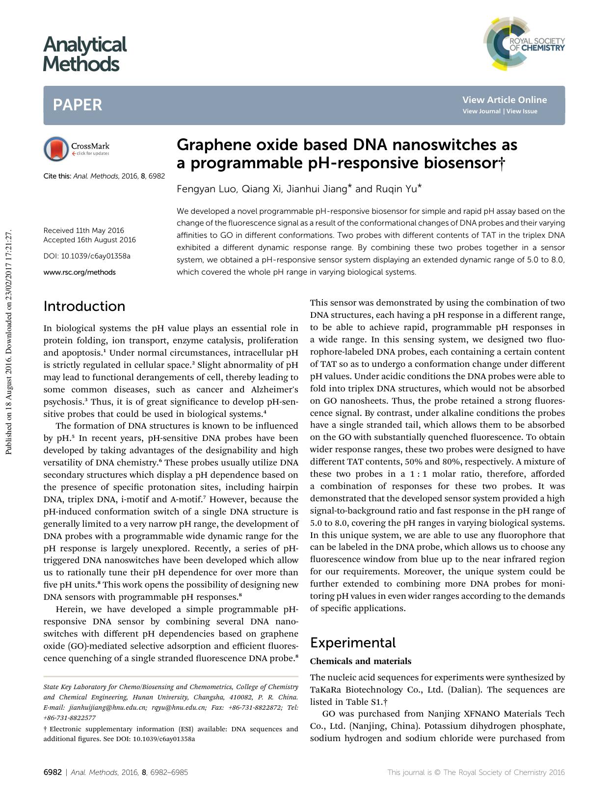 Graphene oxide based DNA nanoswitches as a programmable pH-responsive biosensor by Fengyan Luo & Qiang Xi & Jianhui Jiang & Ruqin Yu