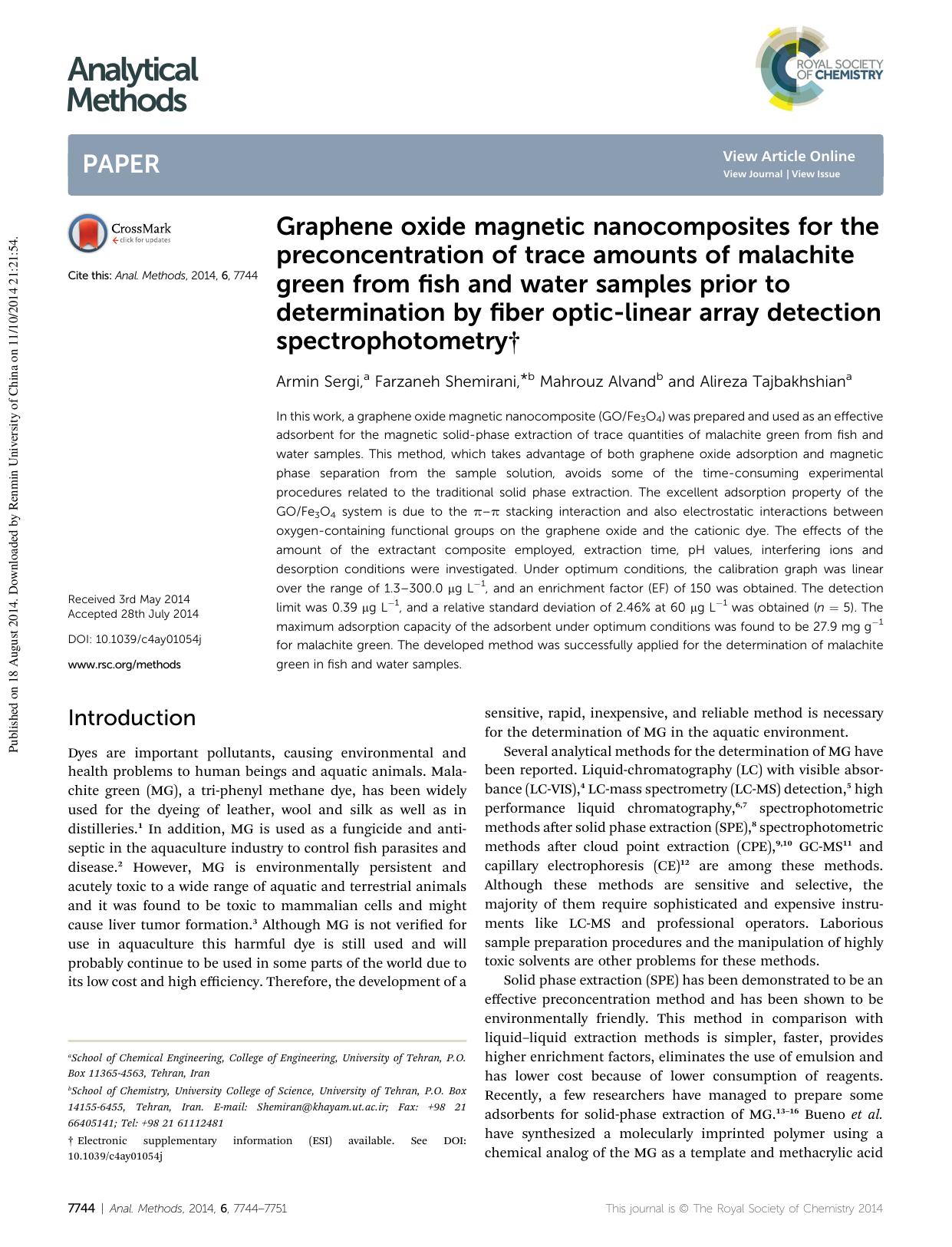 Graphene oxide magnetic nanocomposites for the preconcentration of trace amounts of malachite green from fish and water samples prior to determination by fiber optic-linear array d by Armin Sergi & Farzaneh Shemirani & Mahrouz Alvand & Alireza Tajbakhshian