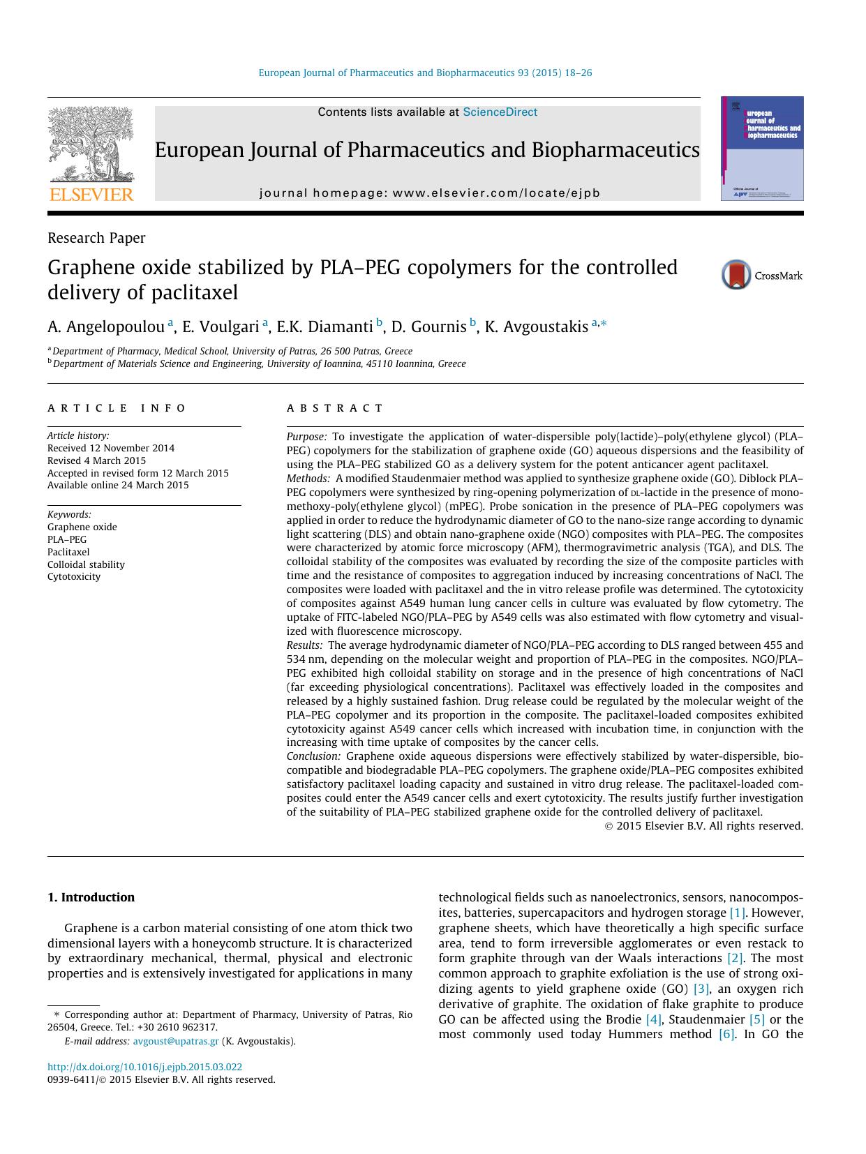 Graphene oxide stabilized by PLAÃ¢â¬âPEG copolymers for the controlled delivery of paclitaxel by A. Angelopoulou & E. Voulgari & E.K. Diamanti & D. Gournis & K. Avgoustakis