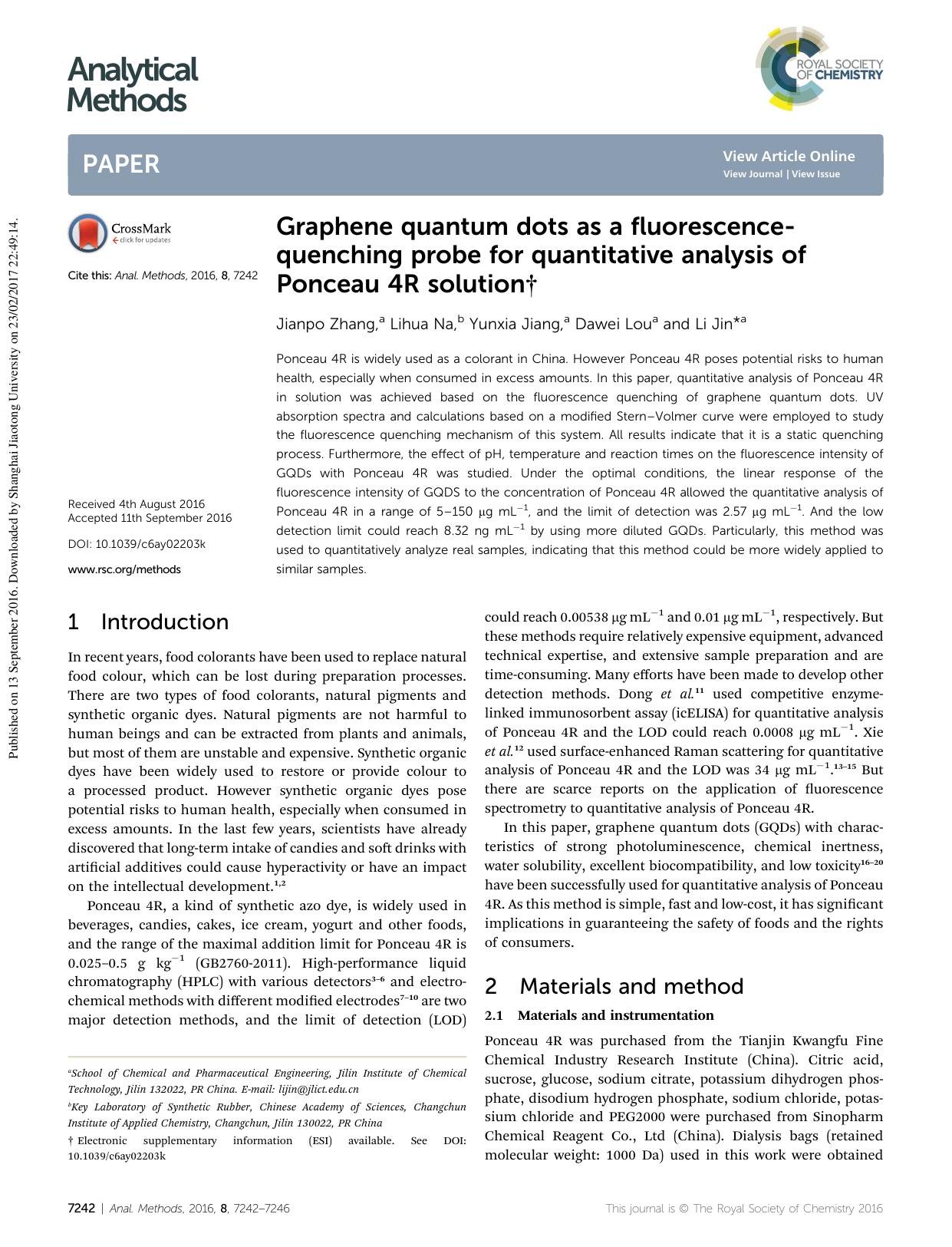 Graphene quantum dots as a fluorescence-quenching probe for quantitative analysis of Ponceau 4R solution by Jianpo Zhang & Lihua Na & Yunxia Jiang & Dawei Lou & Li Jin
