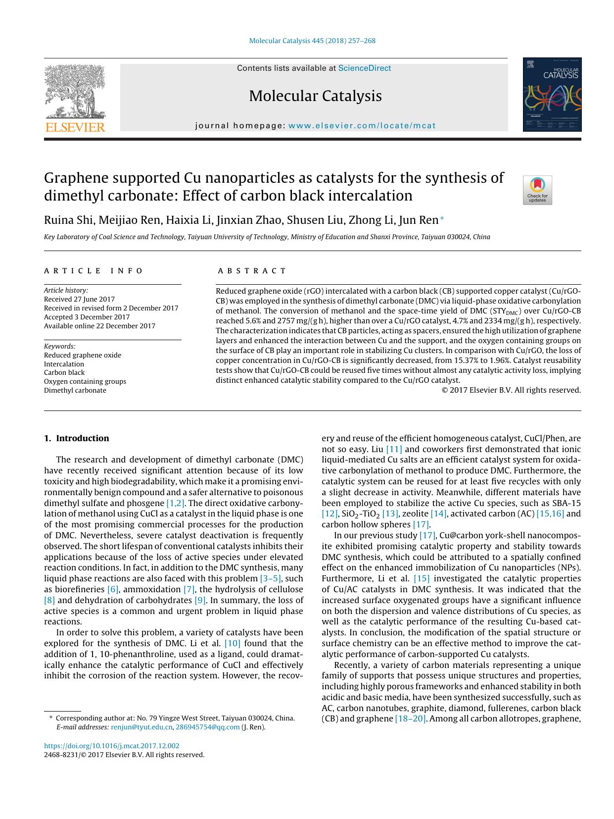 Graphene supported Cu nanoparticles as catalysts for the synthesis of dimethyl carbonate: Effect of carbon black intercalation by Ruina Shi & Meijiao Ren & Haixia Li & Jinxian Zhao & Shusen Liu & Zhong Li & Jun Ren