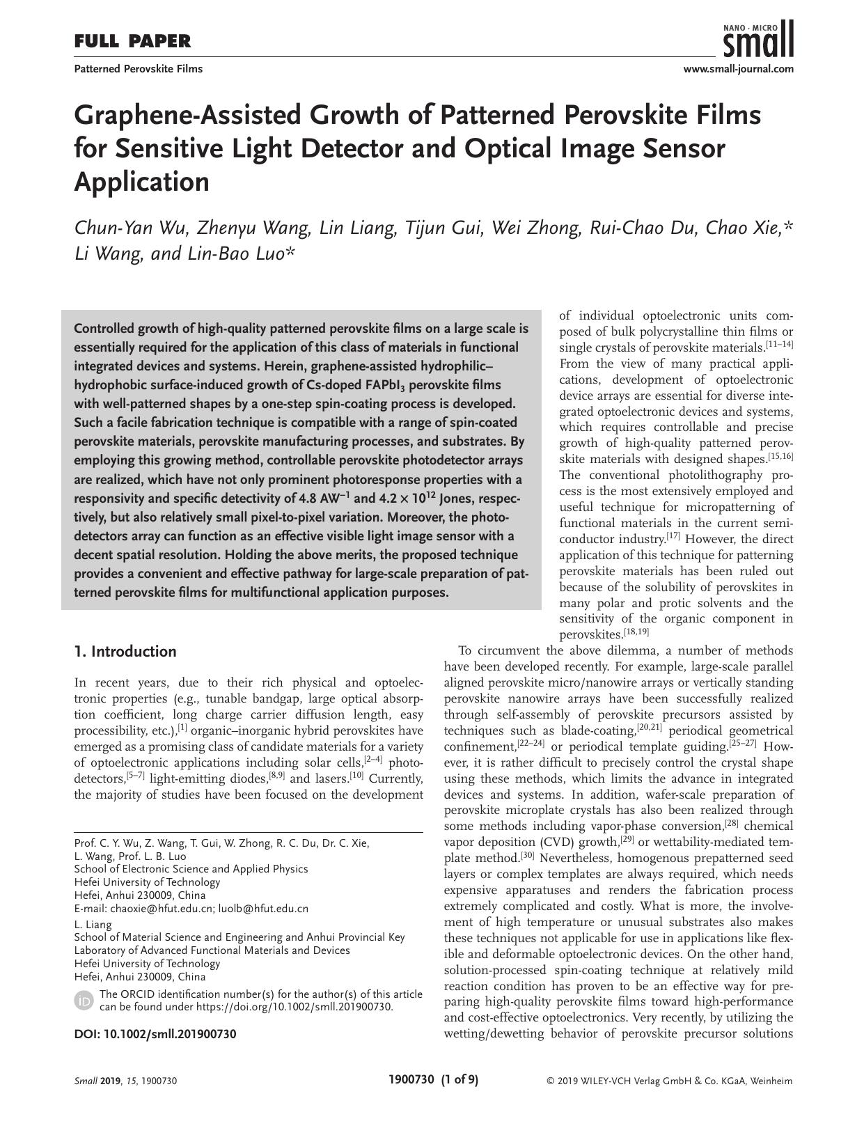 Graphene‐Assisted Growth of Patterned Perovskite Films for Sensitive Light Detector and Optical Image Sensor Application by Unknown