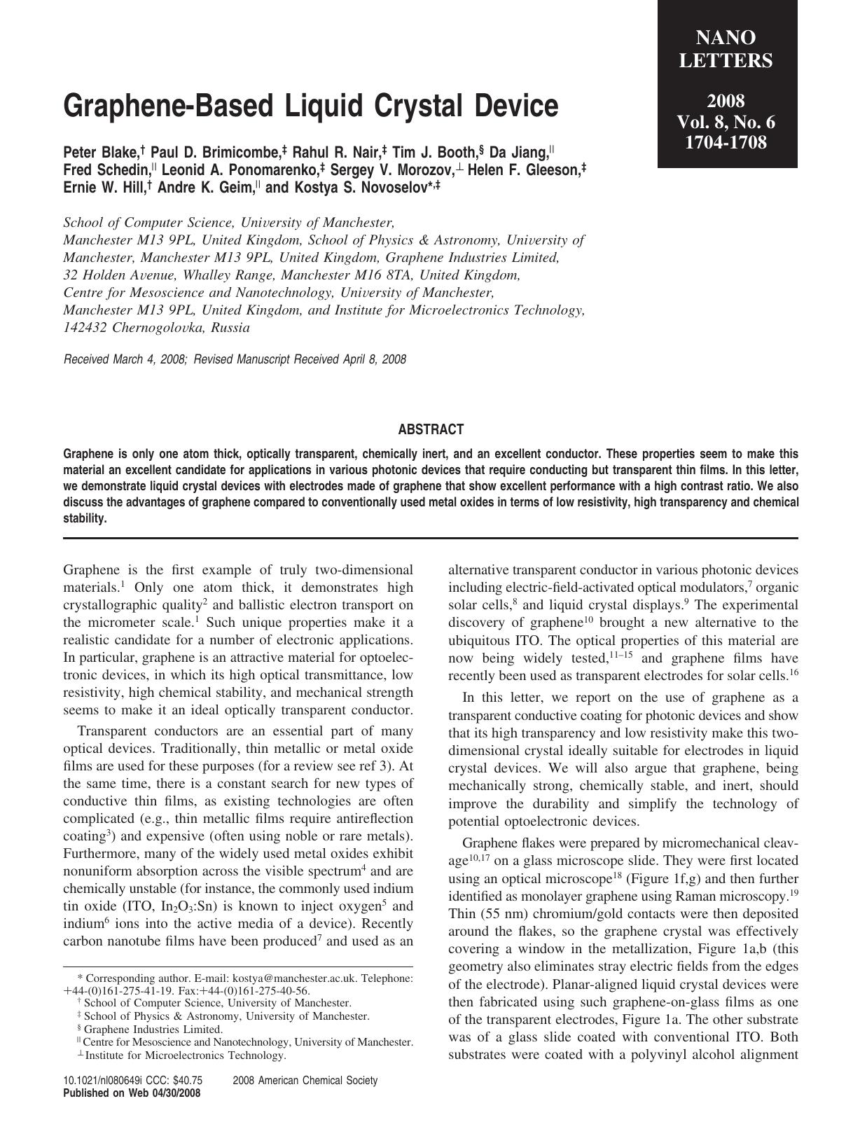 Graphene-Based Liquid Crystal Device by Unknown