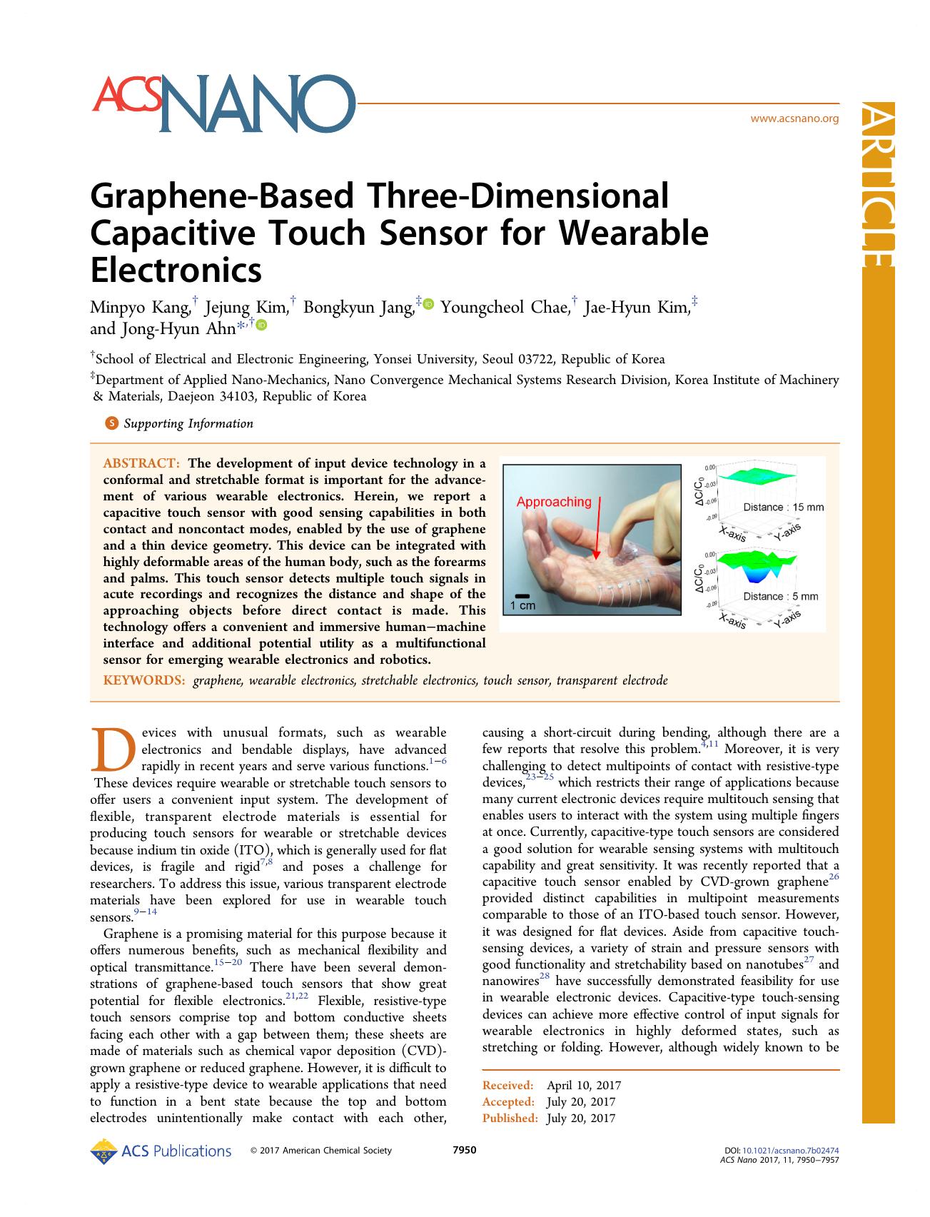 Graphene-Based Three-Dimensional Capacitive Touch Sensor for Wearable Electronics by Minpyo Kang Jejung Kim Bongkyun Jang Youngcheol Chae Jae-Hyun Kim & Jong-Hyun Ahn