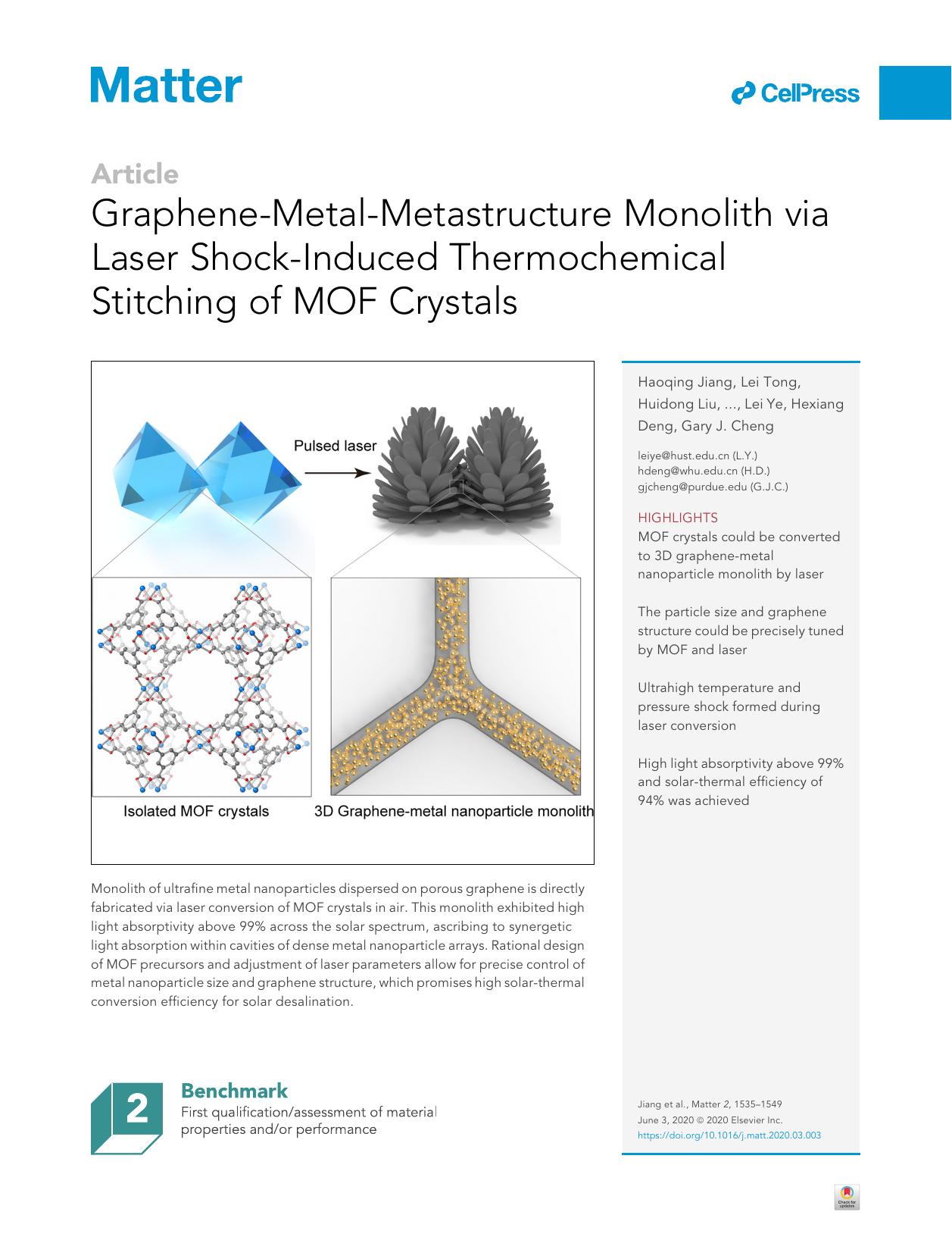 Graphene-Metal-Metastructure Monolith via Laser Shock-Induced Thermochemical Stitching of MOF Crystals by unknow