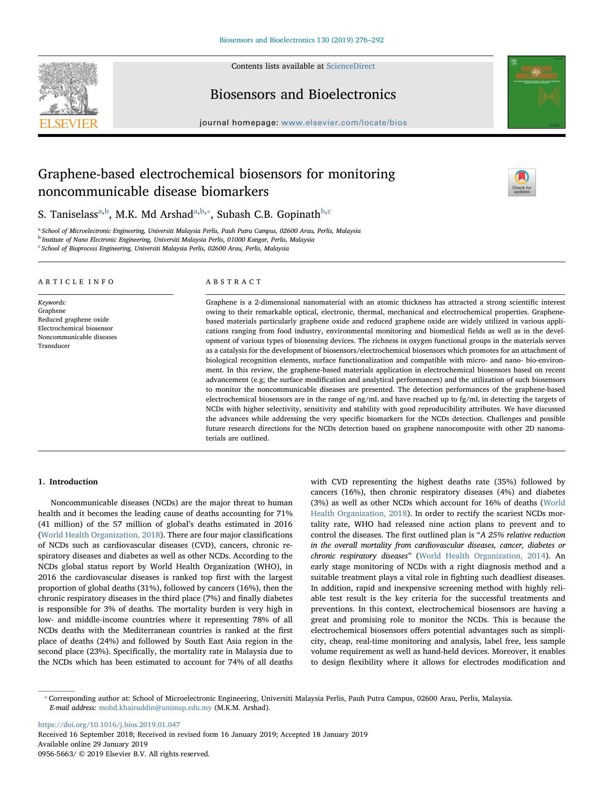Graphene-based electrochemical biosensors for monitoring noncommunicable disease biomarkers by S. Taniselass & M.K. Md Arshad & Subash C.B. Gopinath