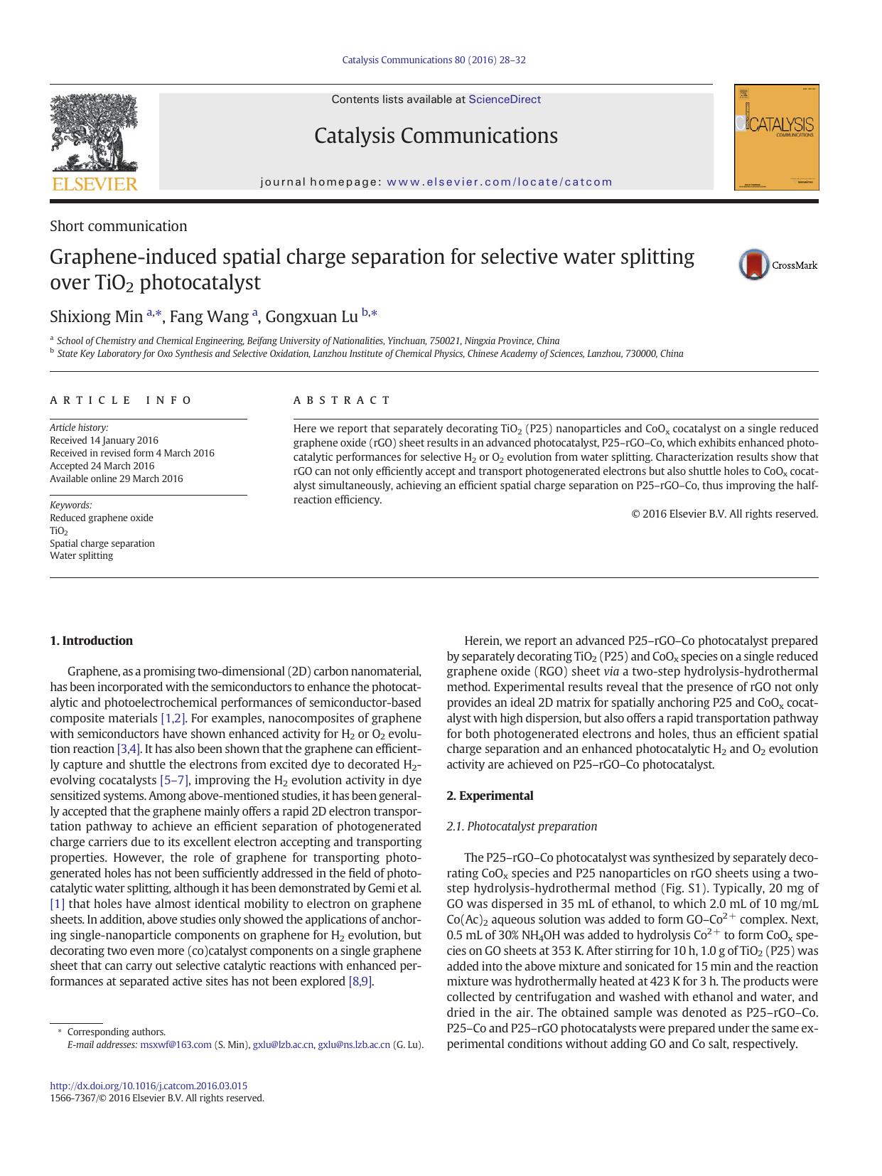 Graphene-induced spatial charge separation for selective water splitting over TiO2 photocatalyst by Shixiong Min & Fang Wang & Gongxuan Lu