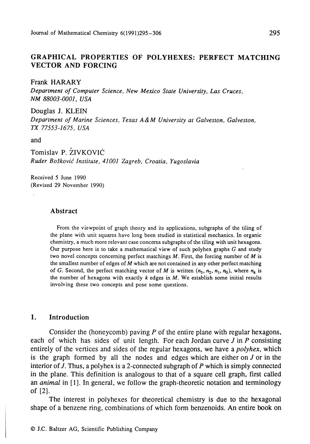 Graphical properties of polyhexes: Perfect matching vector and forcing by Unknown