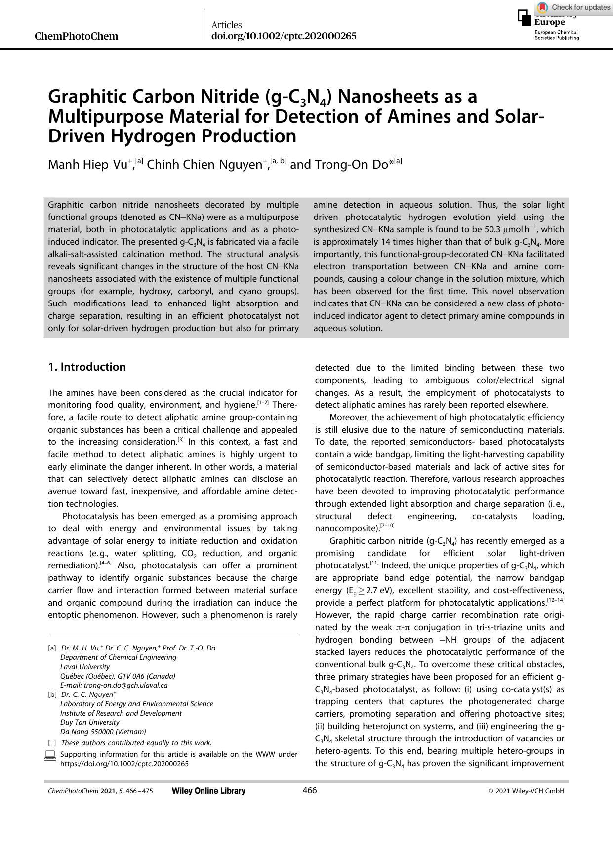 Graphitic Carbon Nitride (gâC3N4) Nanosheets as a Multipurpose Material for Detection of Amines and SolarâDriven Hydrogen Production by Unknown