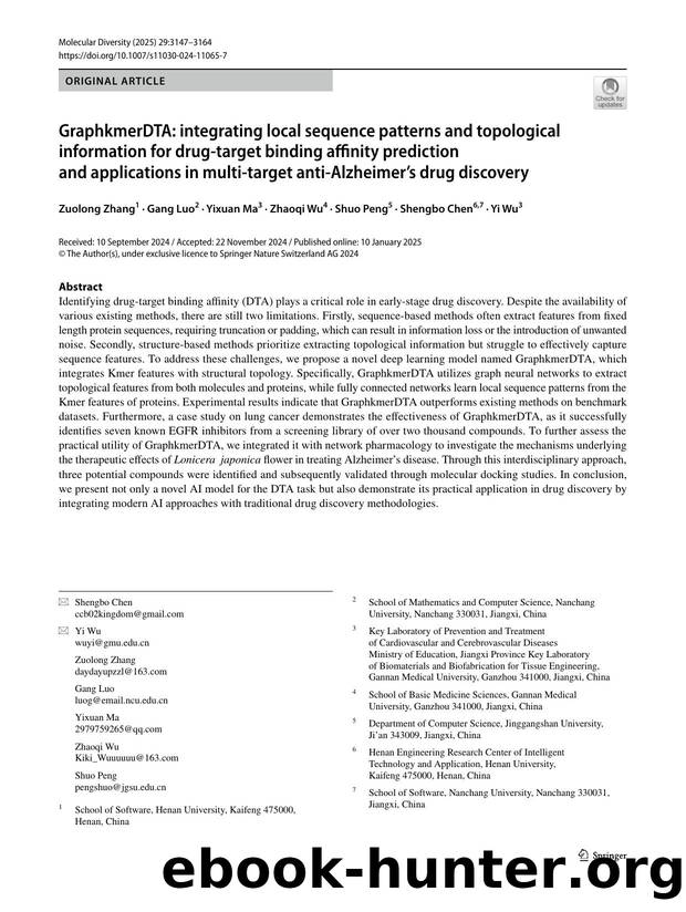 GraphkmerDTA: integrating local sequence patterns and topological information for drug-target binding affinity prediction and applications in multi-target anti-Alzheimerâs drug discovery by Zuolong Zhang & Gang Luo & Yixuan Ma & Zhaoqi Wu & Shuo Peng & Shengbo Chen & Yi Wu