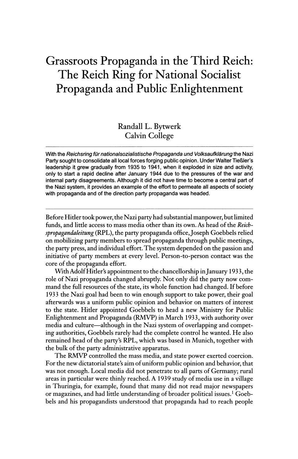 Grassroots Propaganda in the Third Reich, The Reich Ring for National Socialist Propaganda and Public Enlightenment by Unknown