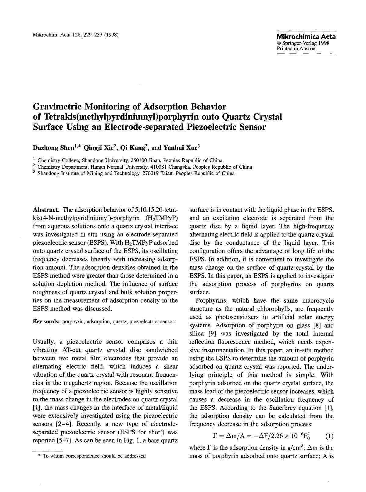 Gravimetric monitoring of adsorption behavior of tetrakis(methylpyrdiniumyl)porphyrin onto quartz crystal surface using an electrode-separated piezoelectric sensor by Unknown