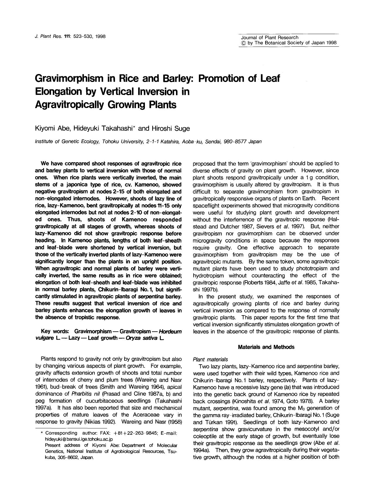 Gravimorphism in rice and barley: Promotion of leaf elongation by vertical inversion in agravitropically growing plants by Unknown