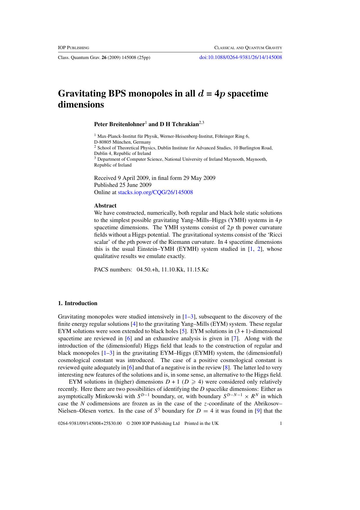 Gravitating BPS monopoles in all d = 4p spacetime dimensions by P Breitenlohner and D H Tchrakian