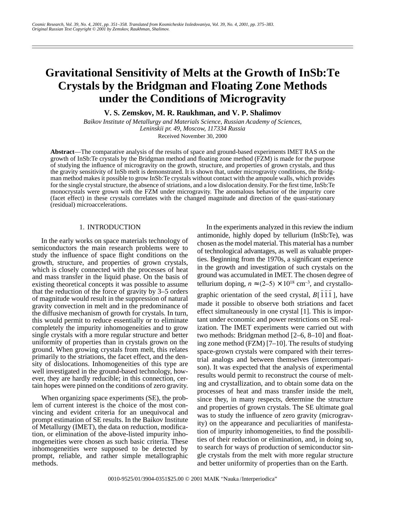 Gravitational Sensitivity of Melts at the Growth of InSb:Te Crystals by the Bridgman and Floating Zone Methods under the Conditions of Microgravity by Unknown