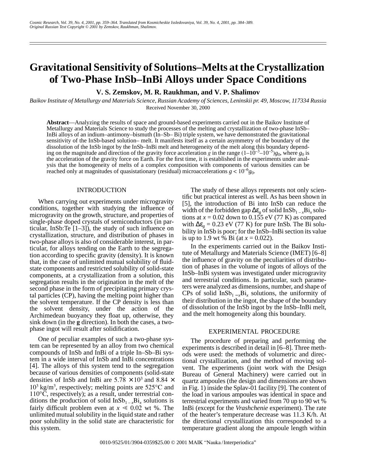 Gravitational Sensitivity of Solutions–Melts at the Crystallization of Two-Phase InSb–InBi Alloys under Space Conditions by Unknown