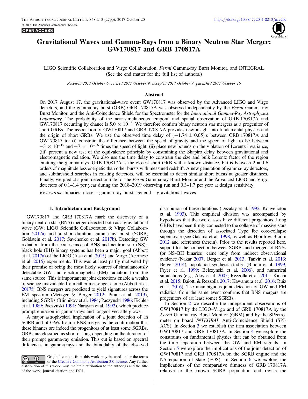 Gravitational Waves and Gamma-Rays from a Binary Neutron Star Merger: GW170817 and GRB 170817A by unknow