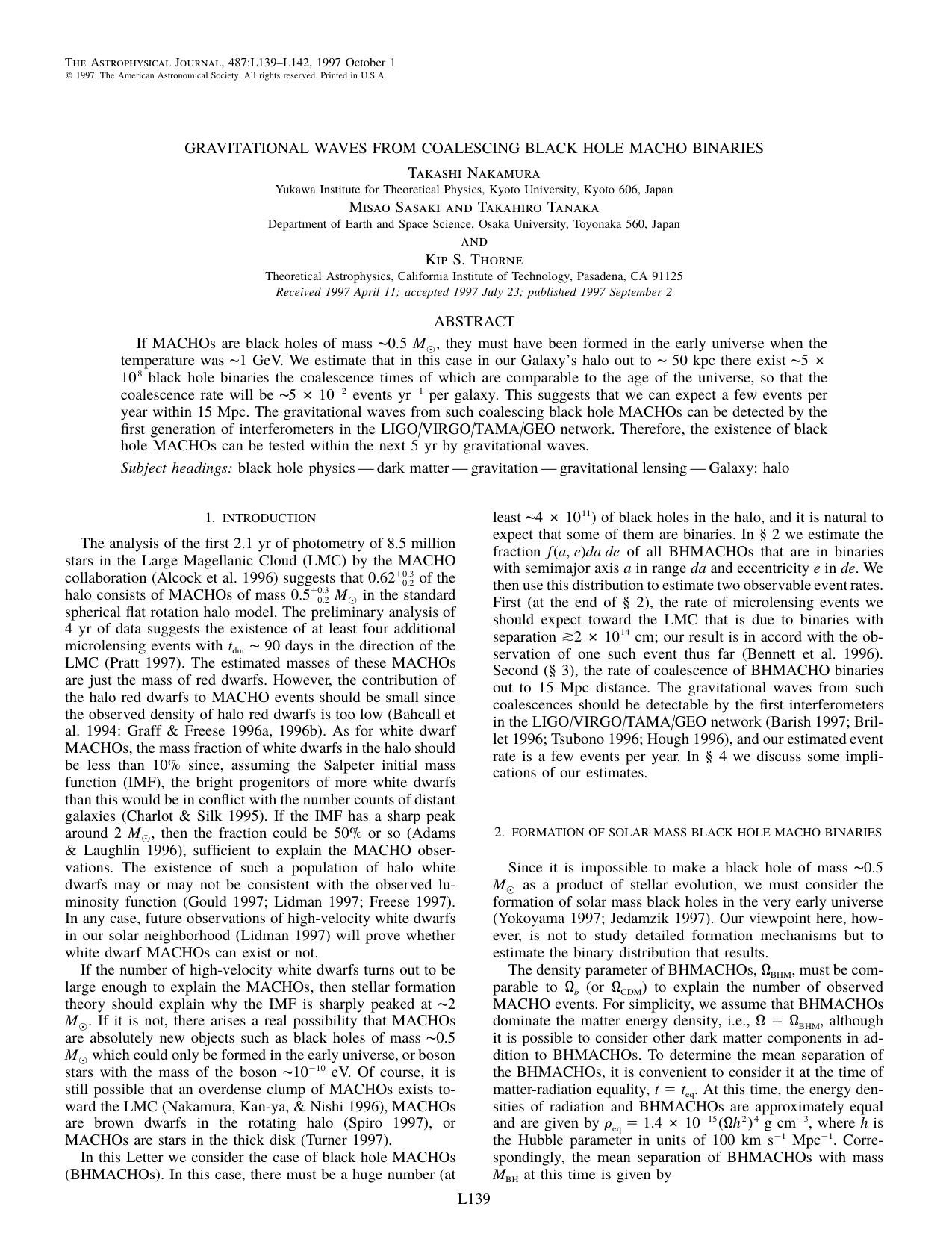 Gravitational Waves from Coalescing Black Hole MACHO Binaries (1997) by Unknown