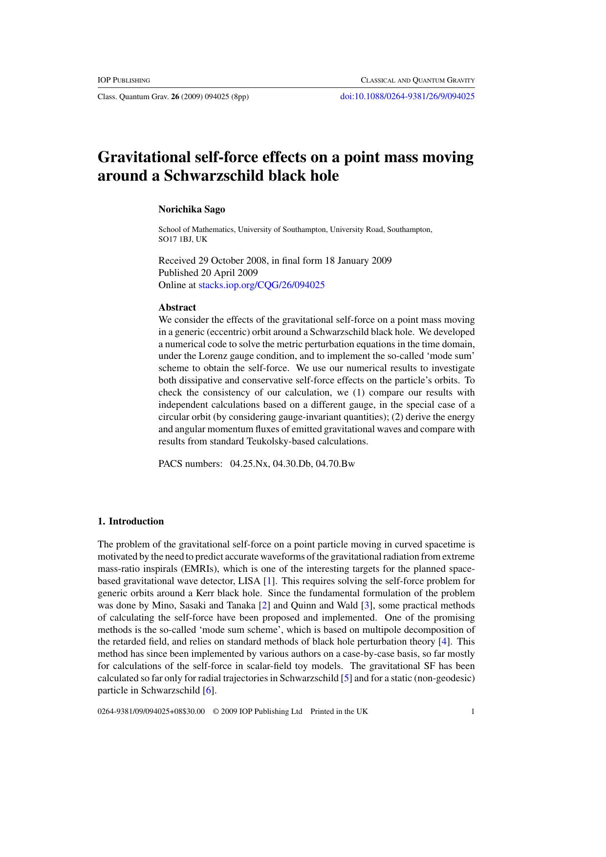 Gravitational self-force effects on a point mass moving around a Schwarzschild black hole by N Sago