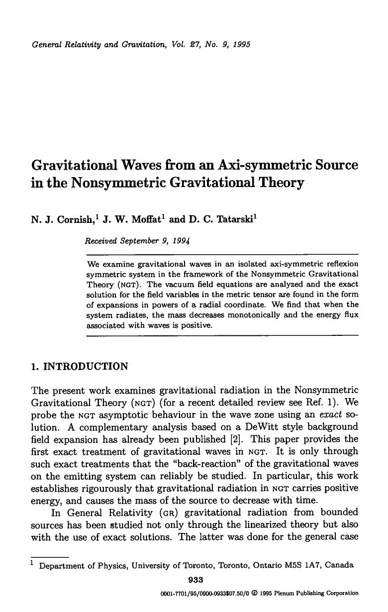 Gravitational waves from an axi-symmetric source in the Nonsymmetric Gravitational Theory by Unknown