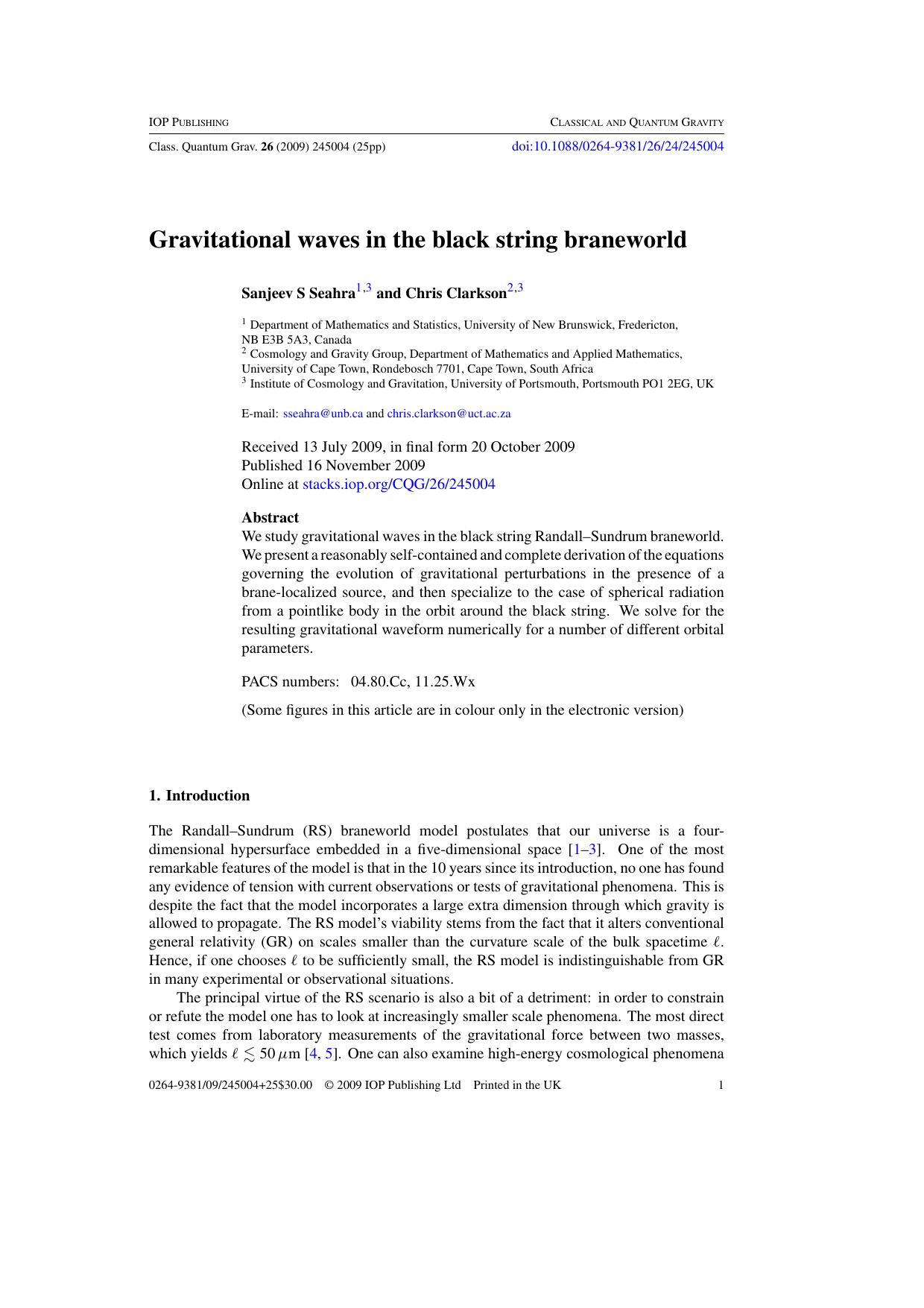 Gravitational waves in the black string braneworld by S S Seahra and C Clarkson