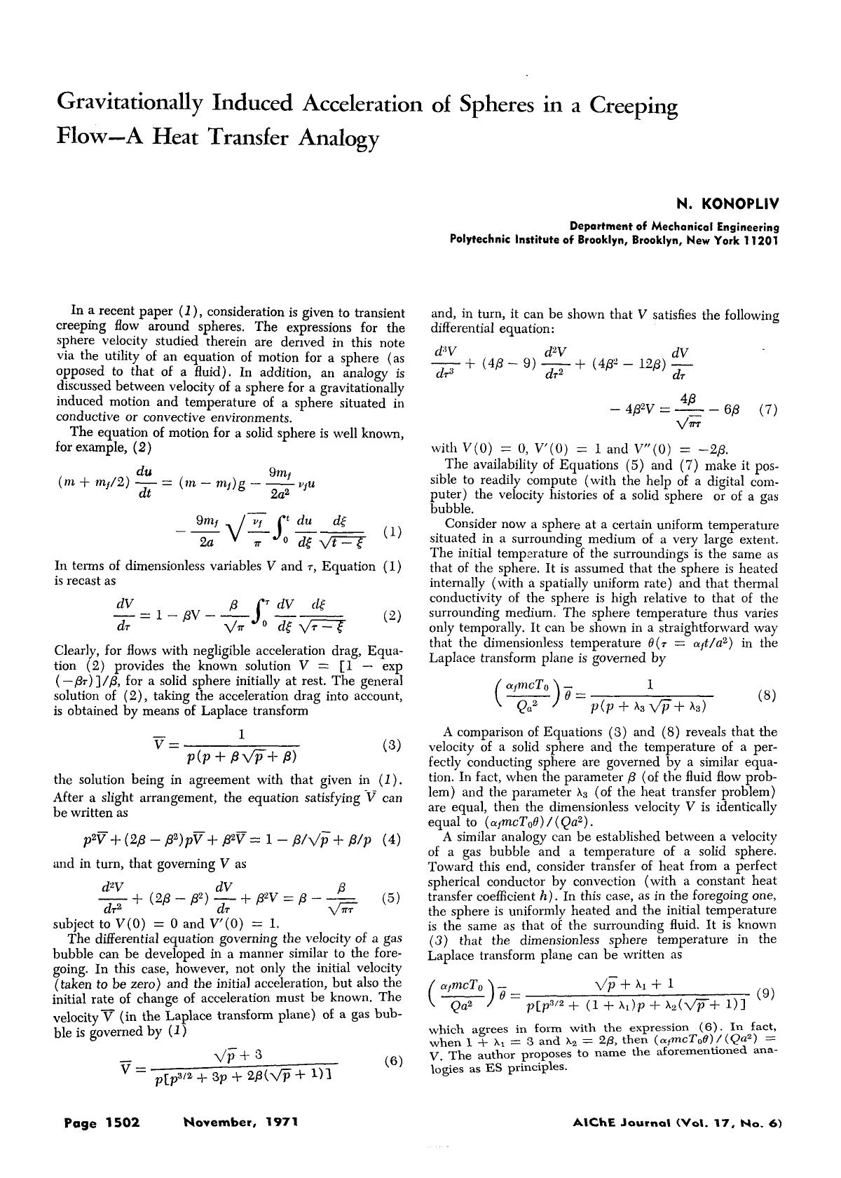 Gravitationally induced acceleration of spheres in a creeping flow-A heat transfer analogy by Unknown
