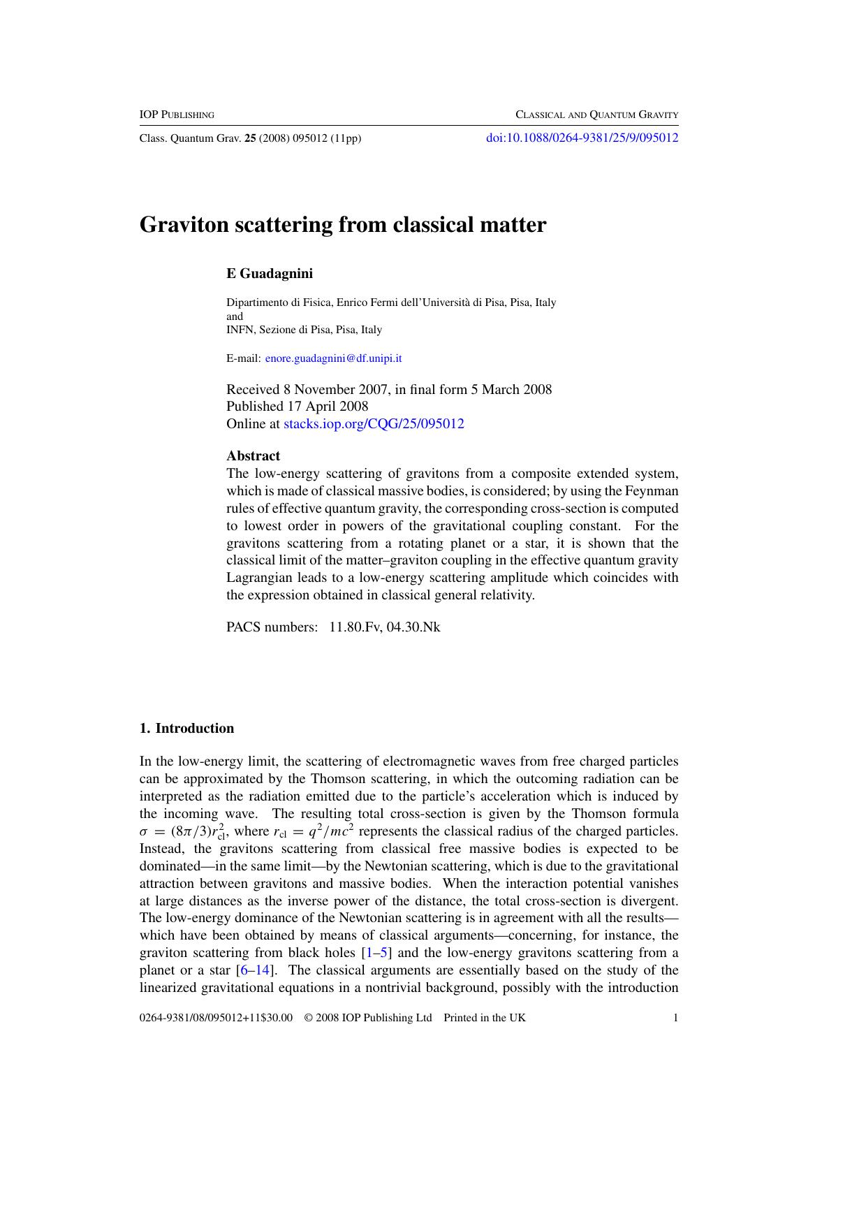 Graviton scattering from classical matter by E Guadagnini