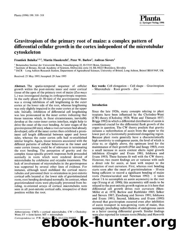 Gravitropism of the primary root of maize: a complex pattern of differential cellular growth in the cortex independent of the microtubular cytoskeleton by Unknown
