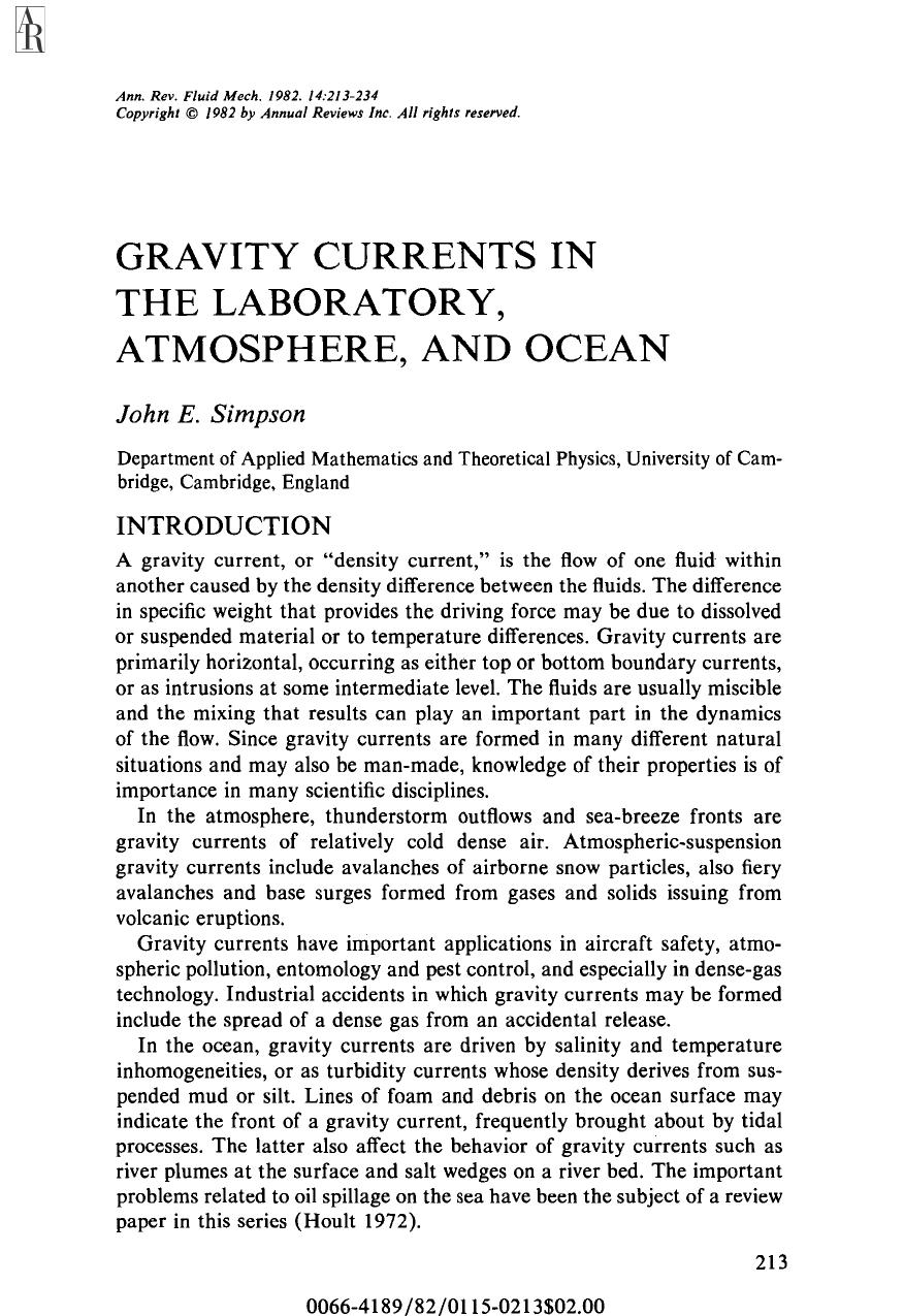 Gravity Currents in the Laboratory, Atmosphere, and Ocean by J E Simpson