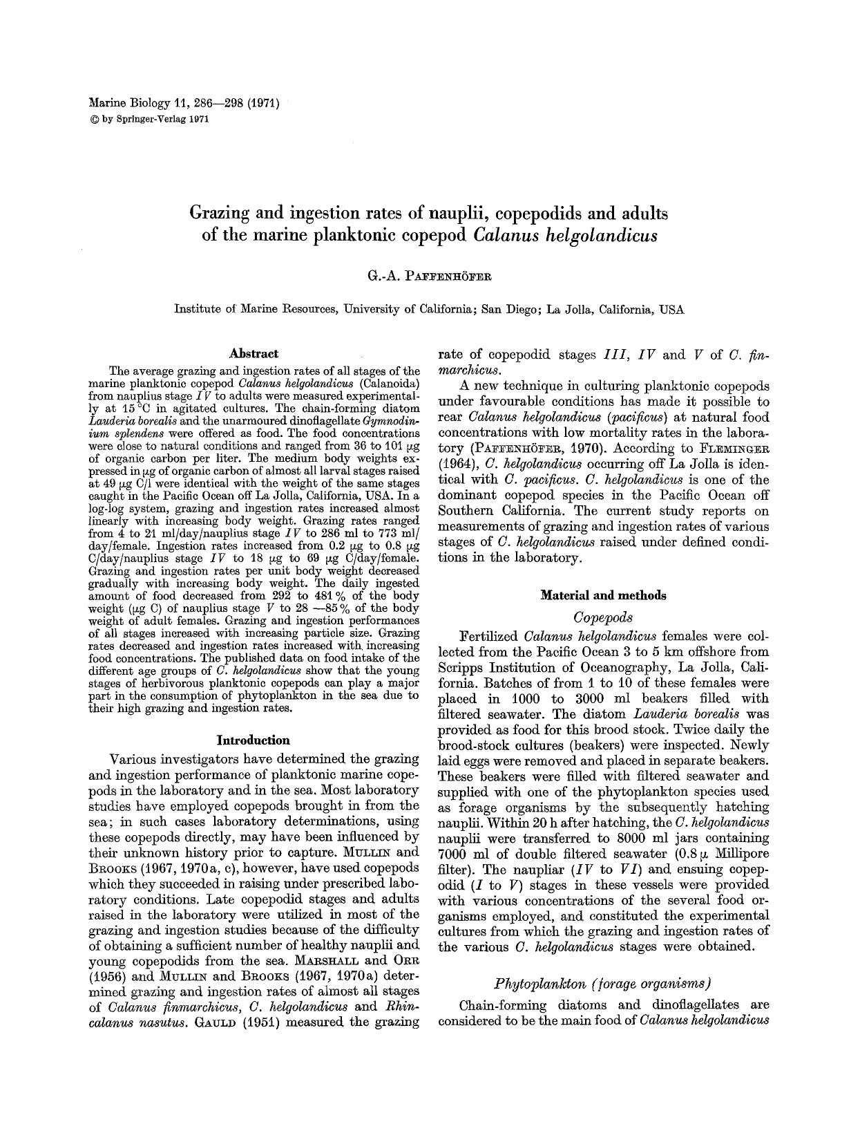 Grazing and ingestion rates of nauplii, copepodids and adults of the marine planktonic copepod <Emphasis Type="Italic">Calanus helgolandicus<Emphasis> by Unknown