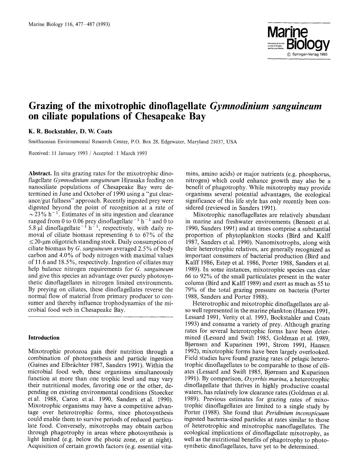 Grazing of the mixotrophic dinoflagellate <Emphasis Type="Italic">Gymnodinium sanguineum<Emphasis> on ciliate populations of Chesapeake Bay by Unknown