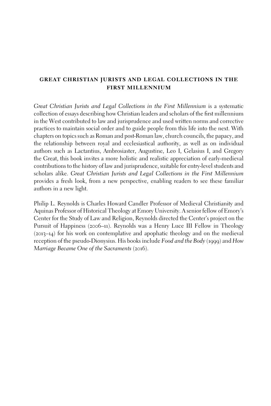 Great Christian Jurists and Legal Collections in the First Millennium by Philip L. Reynolds
