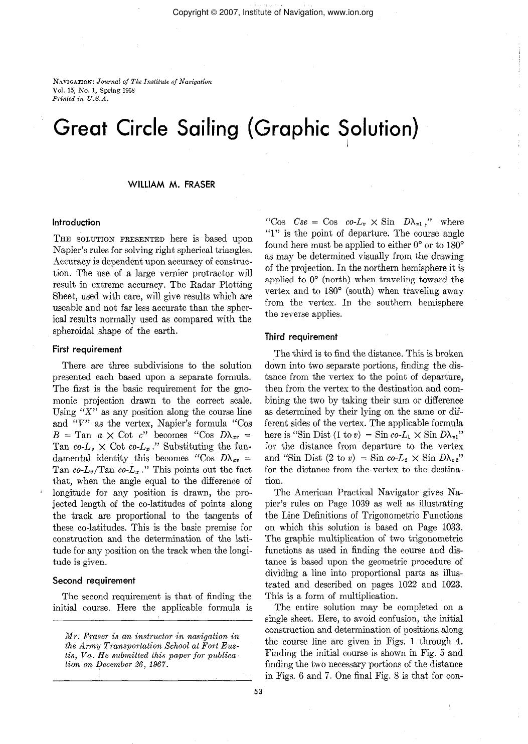 Great Circle Sailing (Graphic Solution) by WILLIAM M. FRASER