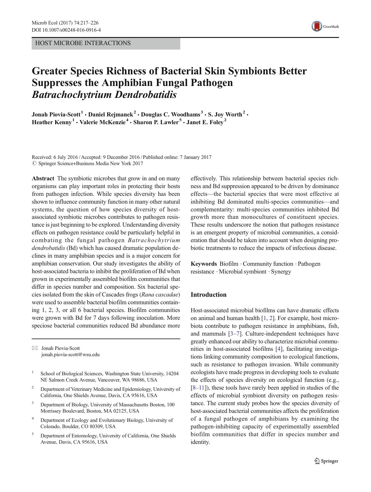 Greater Species Richness of Bacterial Skin Symbionts Better Suppresses the Amphibian Fungal Pathogen Batrachochytrium Dendrobatidis by unknow