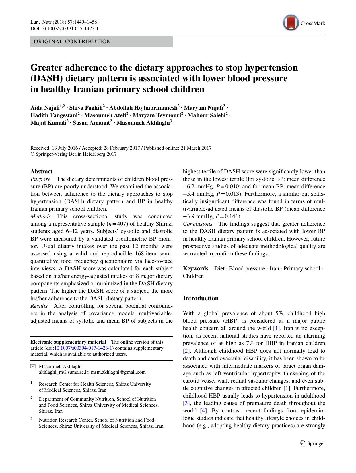 Greater adherence to the dietary approaches to stop hypertension (DASH) dietary pattern is associated with lower blood pressure in healthy Iranian primary school children by Aida Najafi