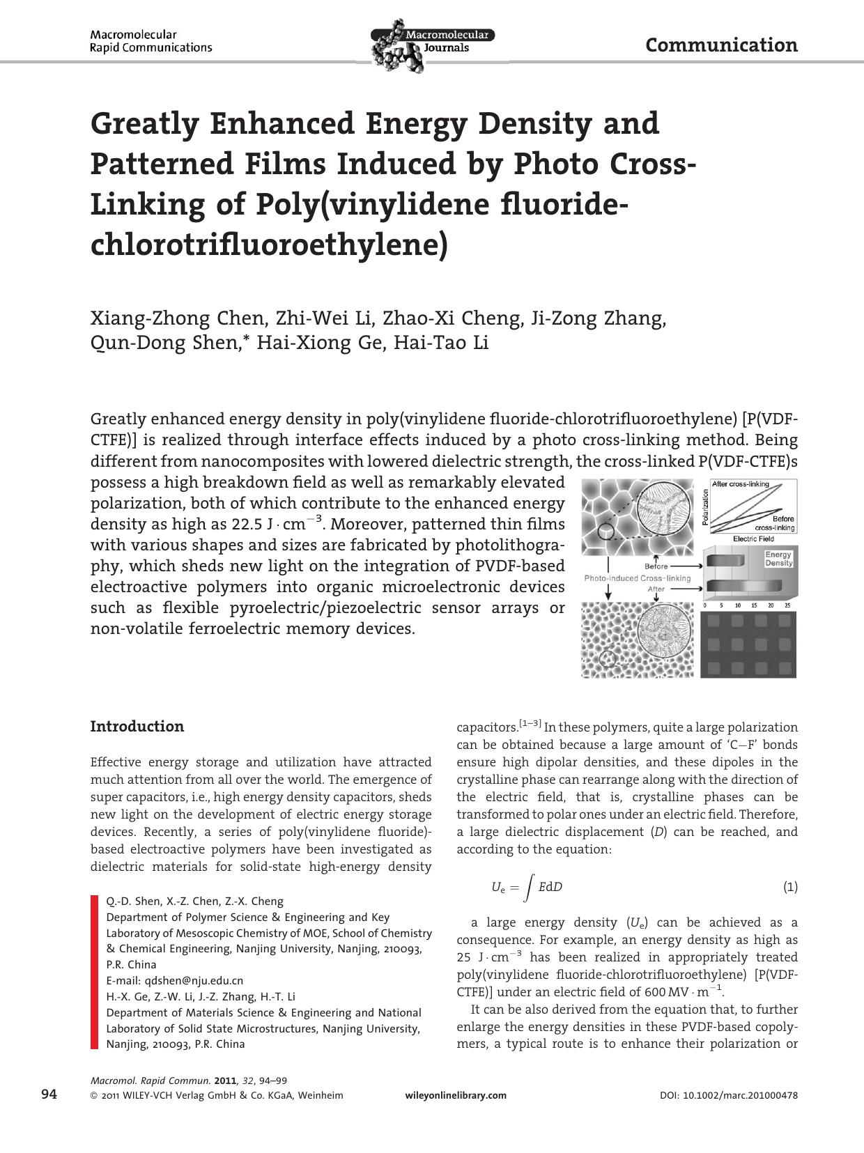 Greatly Enhanced Energy Density and Patterned Films Induced by Photo CrossLinking of Poly(vinylidene fluoridechlorotrifluoroethylene) by Unknown