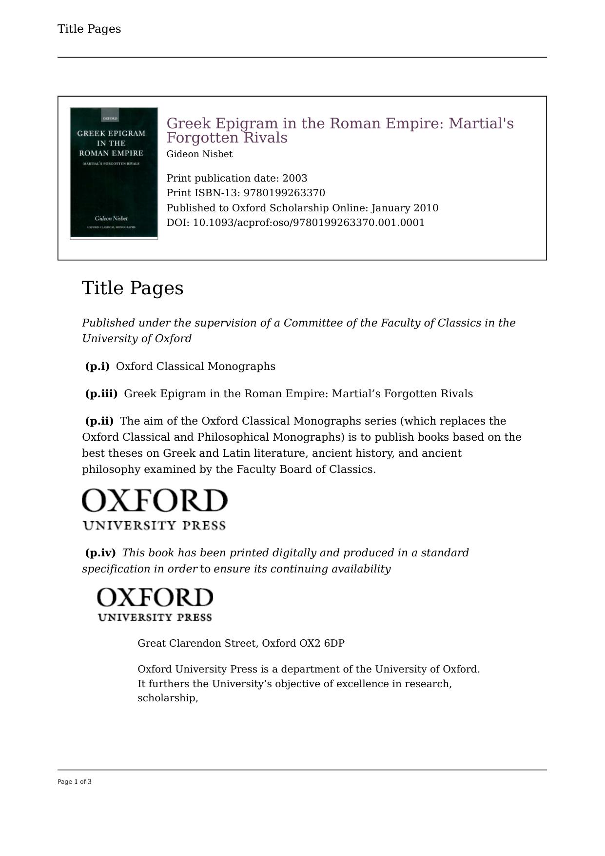 Greek Epigram in the Roman Empire: Martial's Forgotten Rivals by Gideon Nisbet