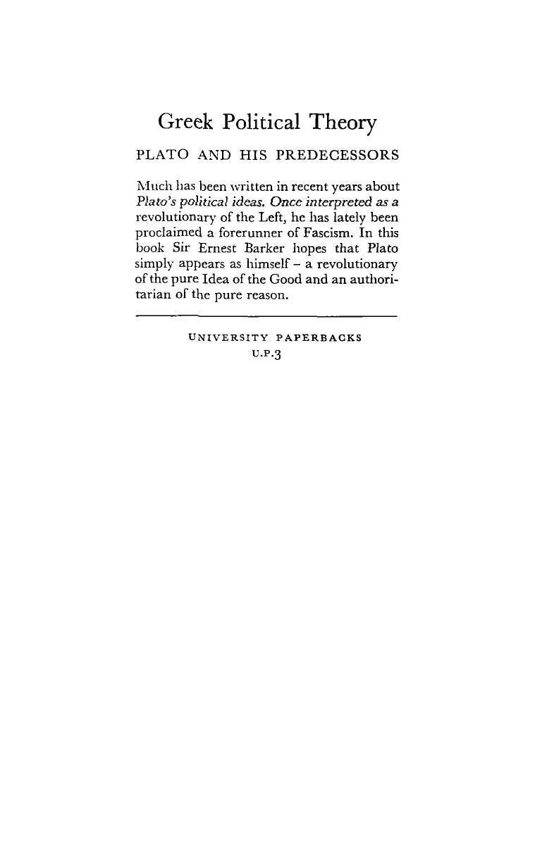 Greek Political Theory: Plato and his Predecessors by Ernest Barker