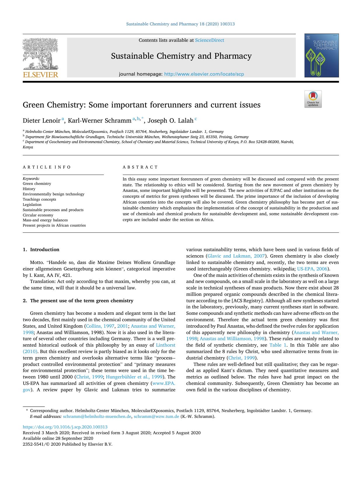 Green Chemistry: Some important forerunners and current issues by Dieter Lenoir & Karl-Werner Schramm & Joseph O. Lalah