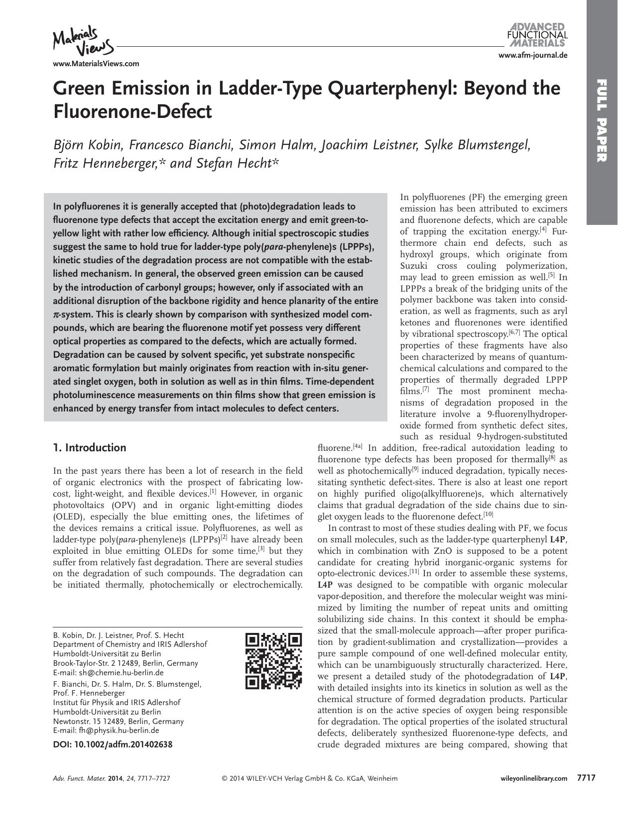 Green Emission in LadderType Quarterphenyl: Beyond the FluorenoneDefect by processteam