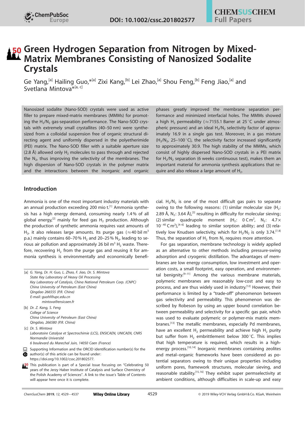 Green Hydrogen Separation from Nitrogen by MixedâMatrix Membranes Consisting of Nanosized Sodalite Crystals by Unknown