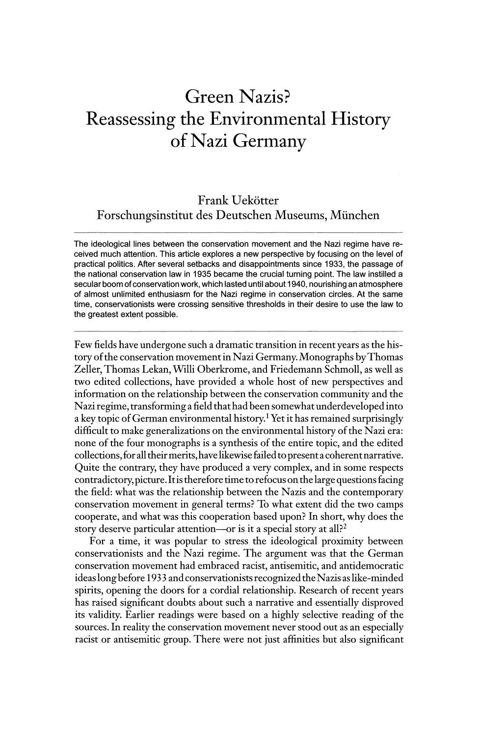Green Nazis; Reassessing the Environmental History of Nazi Germany by Unknown