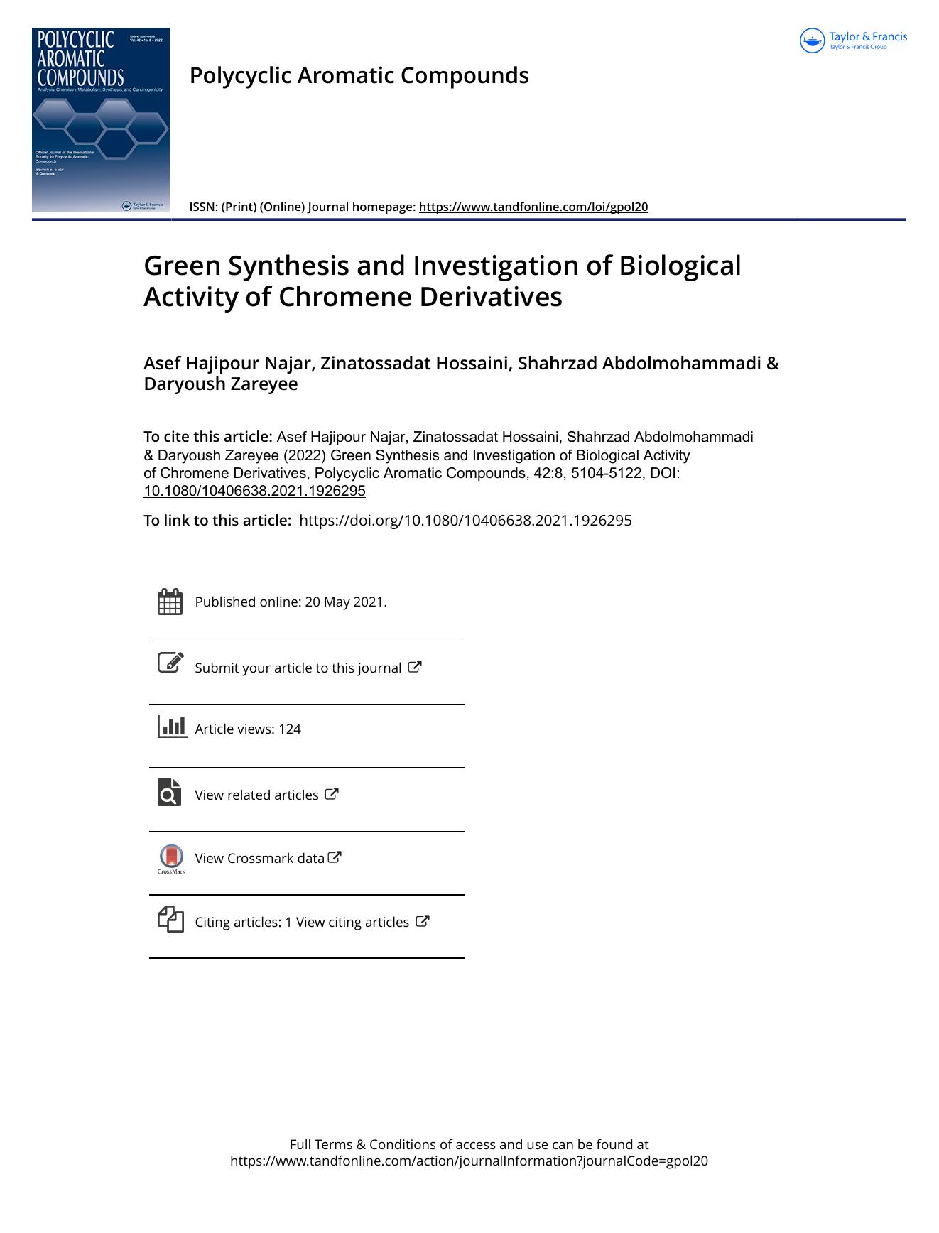 Green Synthesis and Investigation of Biological Activity of Chromene Derivatives by Najar Asef Hajipour & Hossaini Zinatossadat & Abdolmohammadi Shahrzad & Zareyee Daryoush