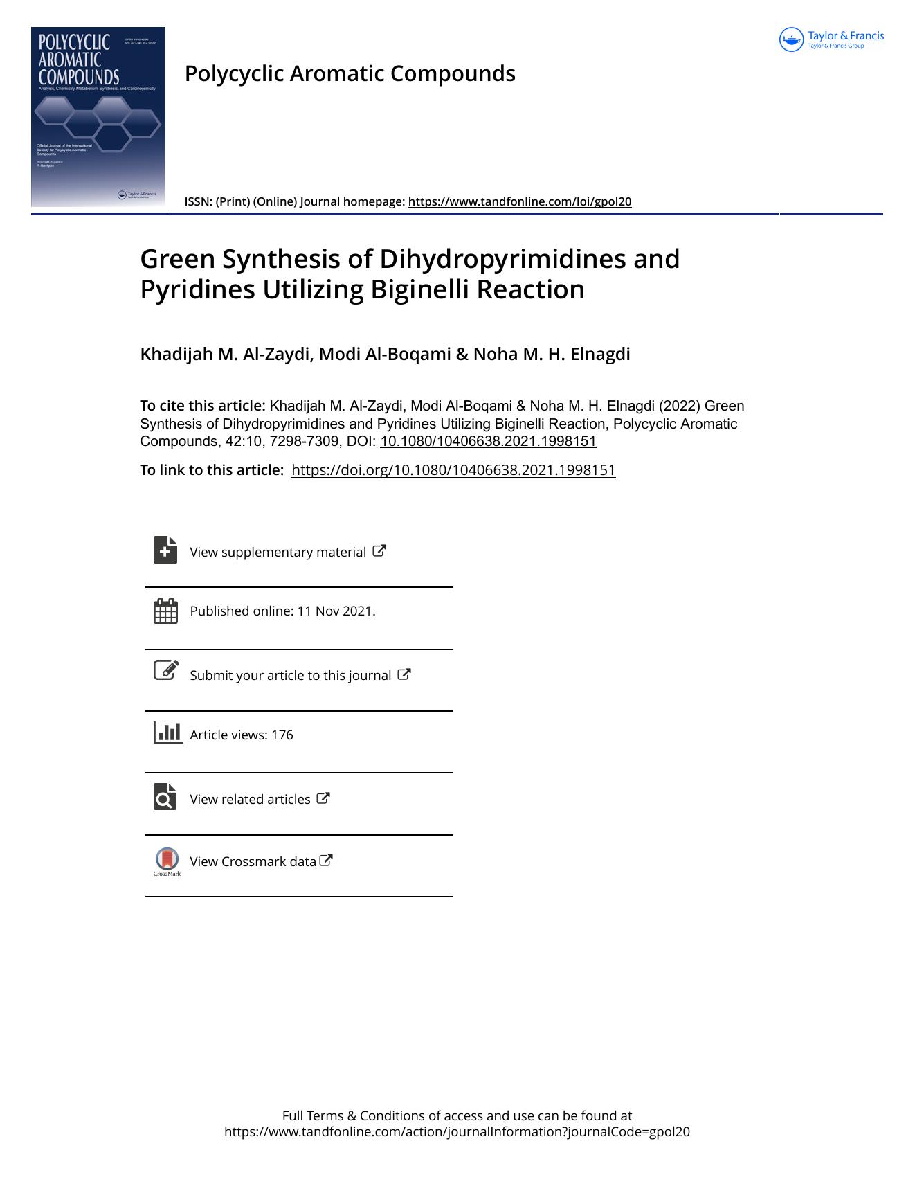 Green Synthesis of Dihydropyrimidines and Pyridines Utilizing Biginelli Reaction by Al-Zaydi Khadijah M. & Al-Boqami Modi & Elnagdi Noha M. H