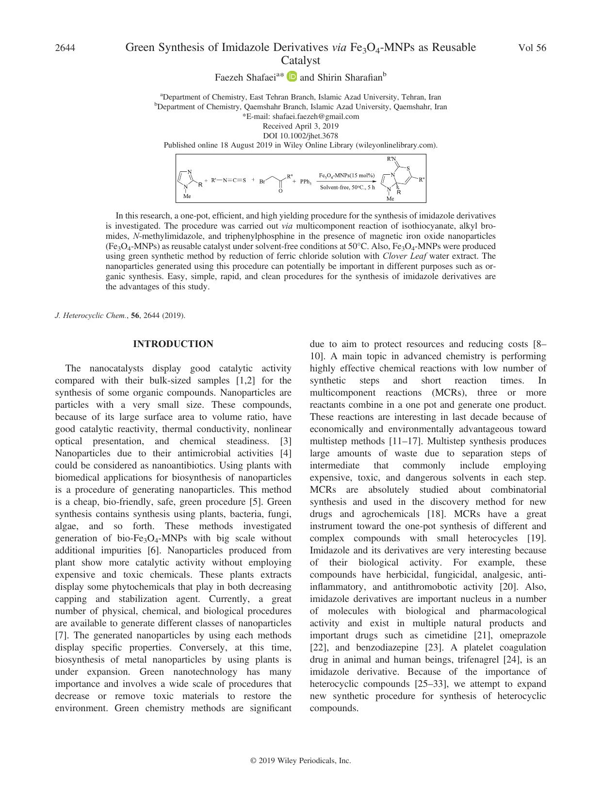Green Synthesis of Imidazole Derivatives via Fe3O4-MNPs as Reusable Catalyst by Faezeh Shafaei & Shirin Sharafian