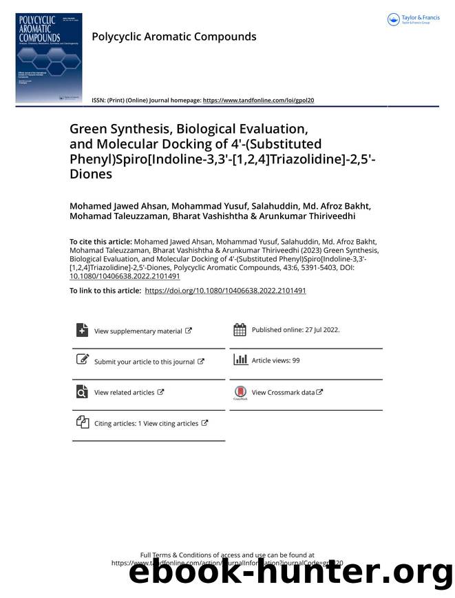 Green Synthesis, Biological Evaluation, and Molecular Docking of 4'-(Substituted Phenyl)Spiro[Indoline-3,3'-[1,2,4]Triazolidine]-2,5'-Diones by unknow